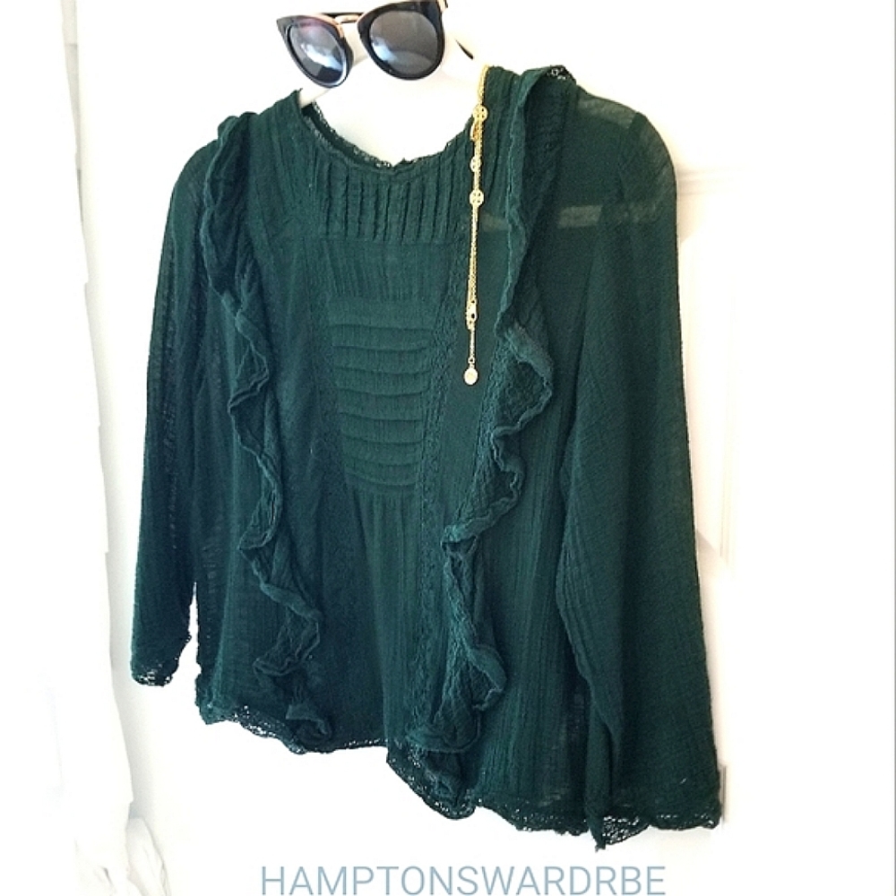 Free People Jasmine forest green ruffle victorian lace blouse 3/4 slv crop top M